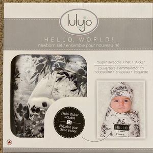 NWT - lulujo newborn muslin swaddle, hat + sticker